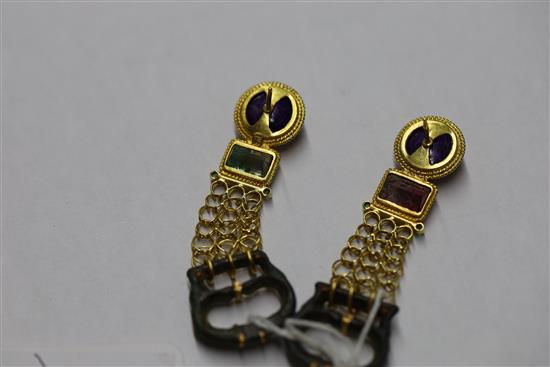 A pair of unusual 20th century etruscan style gold mounted gem and verdigris metal drop earrings, gross 27.7 grams.